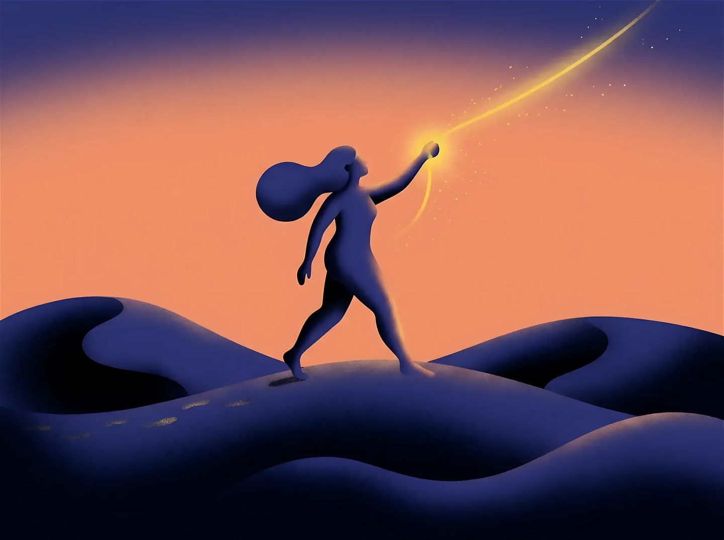Illustrazione AI: una figura femminile tra dune blu e una scia dorata nel cielo