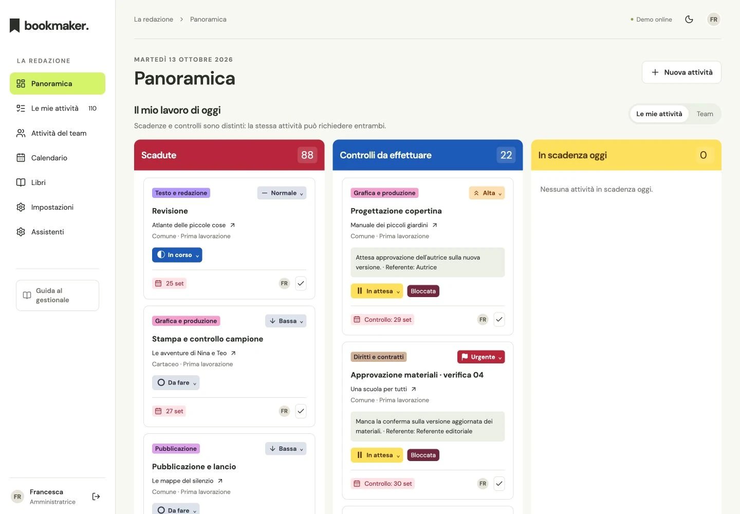 Bookmaker: dashboard del software per la gestione del lavoro editoriale