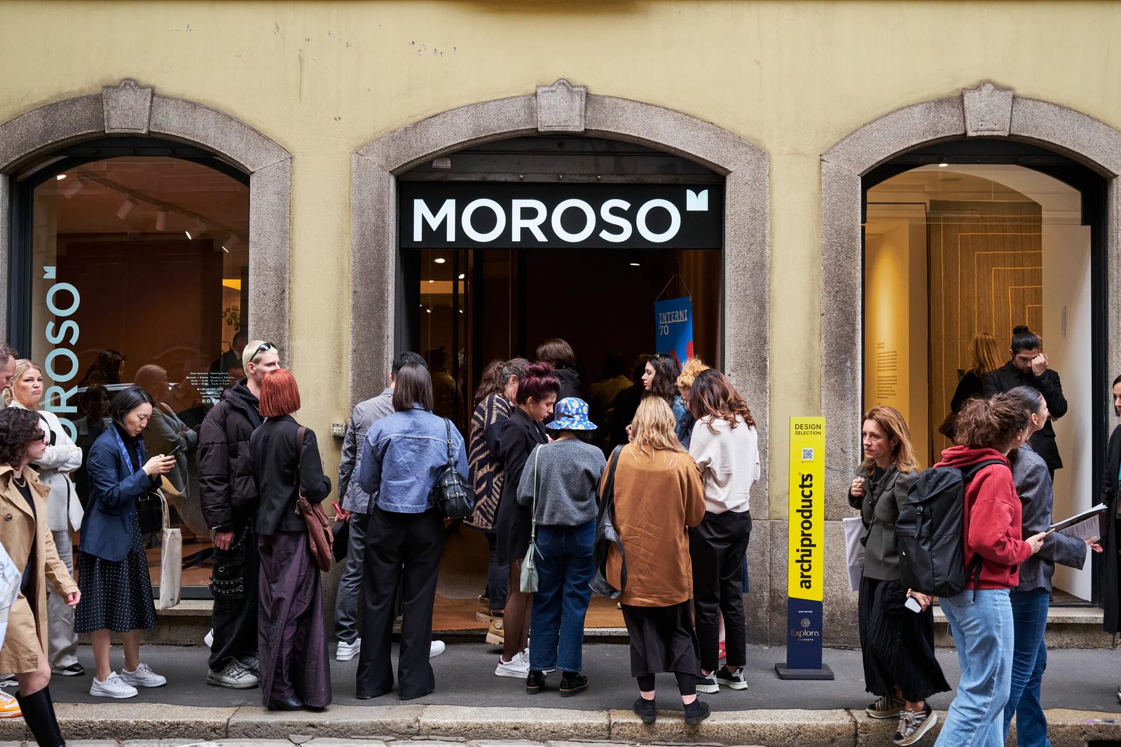 Visitors outside the Moroso showroom during Fuorisalone