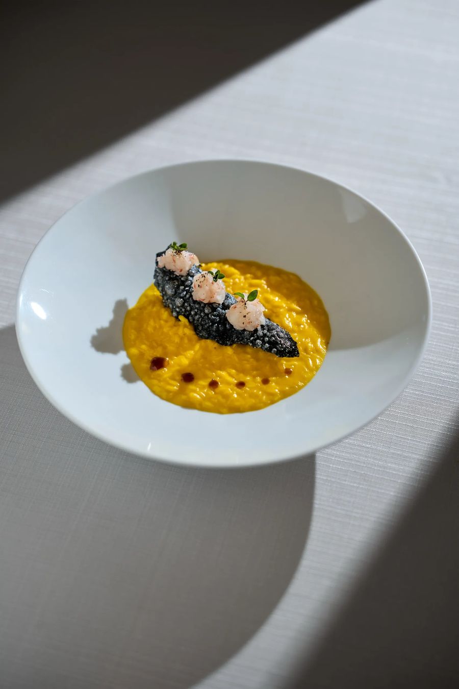 Risotto allo zafferano con seppia al nero di calamaro e gamberetti — primo piatto di mare, fotografo gastronomia creativa Milano