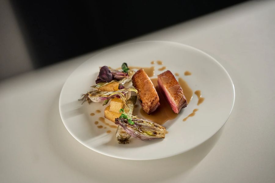 Petto d'anatra a fette rosate con radicchio grigliato e jus di carne — secondo di carne, fotografo food ristorante FATA Lombardia